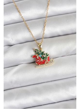 316L Çelik Zincir Gold Renk Kızak ve Çam Ağacı Figürlü Yılbaşı Temalı Kadın Kolye