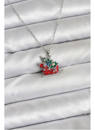 316L Çelik Zincir Gümüş Renk Kızak ve Çam Ağacı Figürlü Yılbaşı Temalı Kadın Kolye