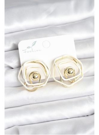 Pirinç Gold Renk Beyaz Mineli Geometrik Gül Model Kadın Küpe