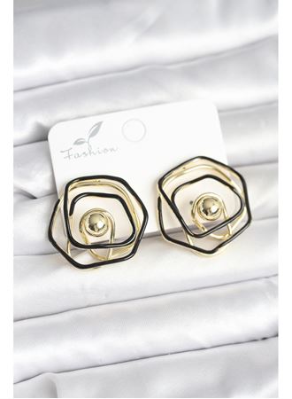 Pirinç Gold Renk Siyah Mineli Geometrik Gül Model Kadın Küpe
