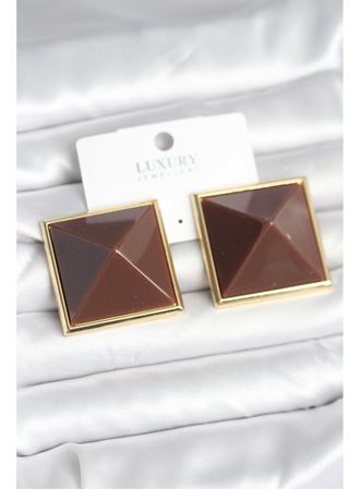Pirinç Gold Renk Kahverengi Piramit Model Kadın Küpe
