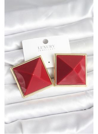 Pirinç Gold Renk Bordo Piramit Model Kadın Küpe