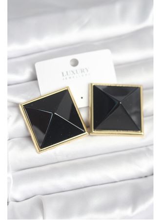 Pirinç Gold Renk Siyah Piramit Model Kadın Küpe