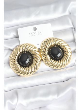 Pirinç Gold Renk Siyah Boncuklu Vintage Kadın Küpe