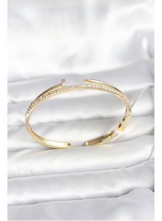 Pirinç Gold Renk Zirkon Taşlı Çivi Model Kadın Kelepçe Bileklik