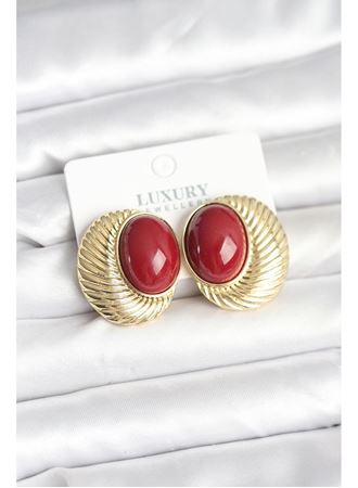 Pirinç Gold Renk Bordo Boncuklu Oval Vintage Kadın Küpe