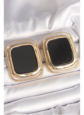 Pirinç Gold Renk Siyah Mineli Kare Model Kadın Küpe