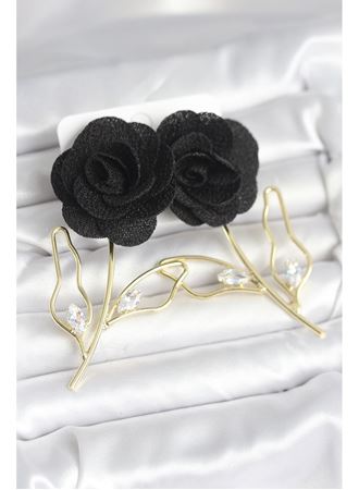 Pirinç Gold Renk Siyah Gül Model Kadın Küpe