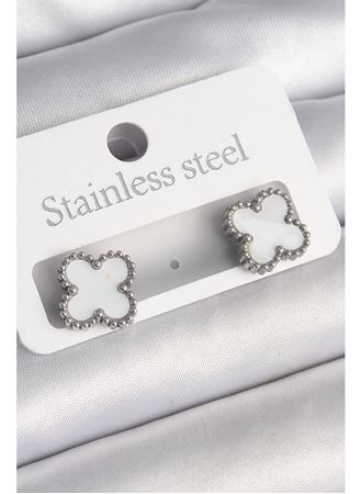 316L Çelik Gümüş Renk Beyaz Yonca Model Kadın Küpe