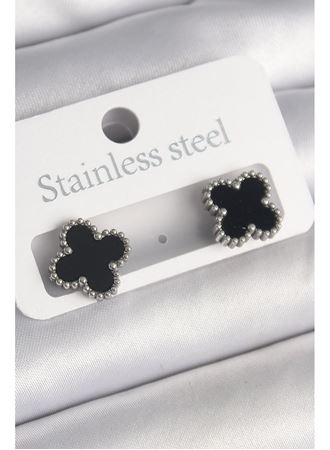 316L Çelik Gümüş Renk Siyah Yonca Model Kadın Küpe
