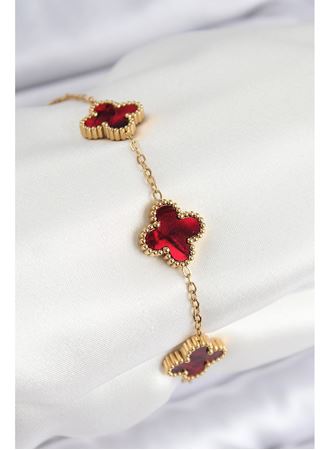 316L Çelik Sedefli Kırmızı Gold Renk Yonca Kadın Bileklik