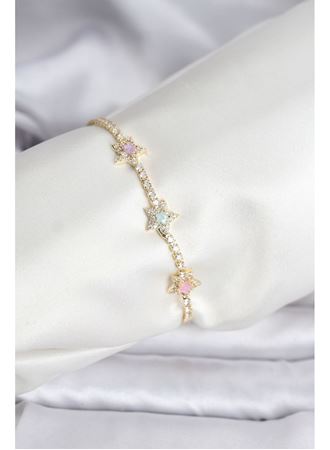 Renkli Yıldız Model Zirkon Taşlı Gold Renk Pirinç Su Yolu Kadın Bileklik