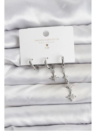 Kutup Yıldızı Model Gümüş Renk Pirinç 3'lü Kadın Küpe Seti