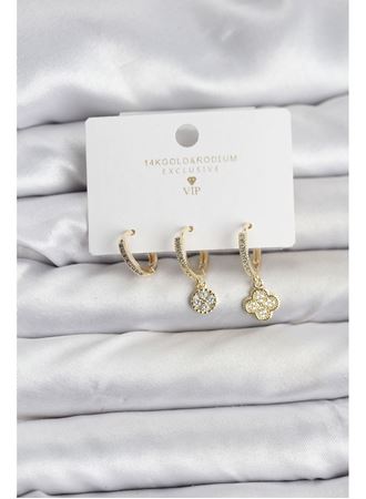 Pirinç Gold Renk Yonca Model 3'lü Kadın Küpe Seti