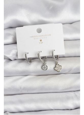 Pirinç Gümüş Renk Yonca Model 3'lü Kadın Küpe Seti