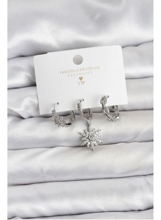 Pirinç Gümüş Renk Kutup Yıldızı Model 3'lü Kadın Küpe Seti