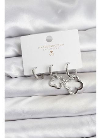 Yonca Model Gümüş Renk Pirinç 3'lü Kadın Küpe Seti