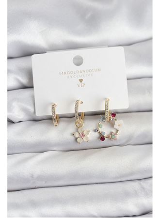 Çiçek Model Gold Renk Pirinç 3'lü Kadın Küpe Seti