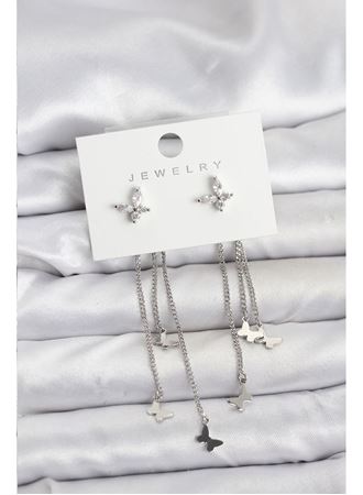 Kelebek Model Gümüş Renk Pirinç Sallantılı Kadın Küpe