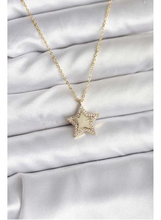 Pirinç Gold Renk Zincirli Yıldızlı Model Kadın Kolye