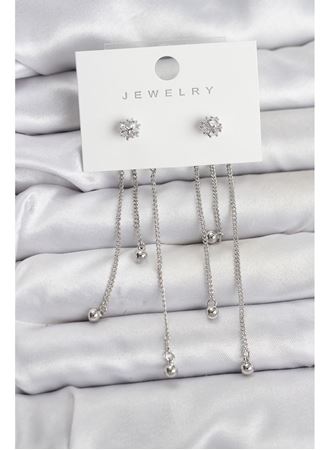 Topçuk Model Gümüş Renk Pirinç Sallantılı Kadın Küpe Seti