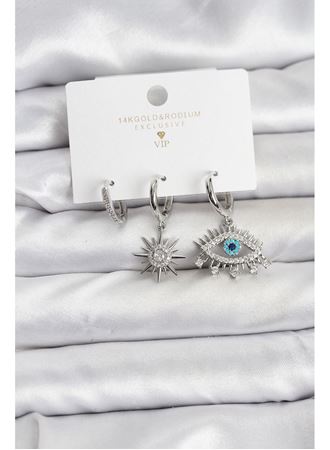 Göz Model Gümüş Renk Pirinç 3'lü Kadın Küpe Seti