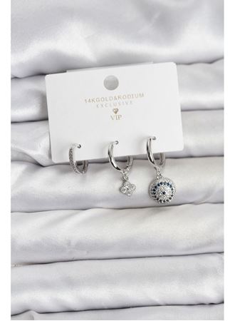 Nazar Model Gümüş Renk Pirinç 3'lü Kadın Küpe Seti