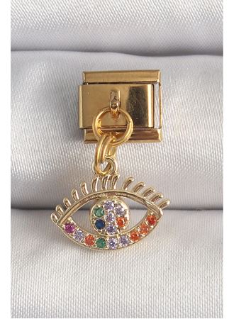 316L Çelik Gold Renk Sallantı Renkli Zirkon Taşlı Göz Model Nomination Charm