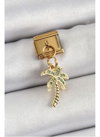 316L Çelik Sallantılı Zirkon Taşlı Palmiye Ağacı Model Gold Renk Nomination Charm