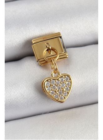 316L Çelik Sallantılı Zirkon Taşlı Kalp Model Gold Renk Nomination Charm