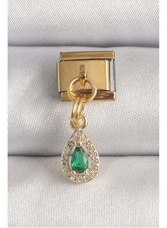 316L Çelik Gold Renk Sallantı Damla Yeşil Zirkon Taşlı Nomination Charm