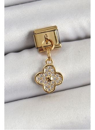 316L Çelik Sallantılı Zirkon Taşlı Yonca Model Gold Renk Nomination Charm