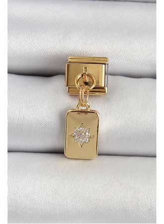 316L Çelik Sallantılı Zirkon Taşlı Kutup Yıldızı Figürlü Dikdörtgen Model Gold Renk Nomination Charm
