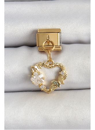 316L Çelik Sallantılı Zirkon Taşlı Kalp Model Gold Renk Nomination Charm