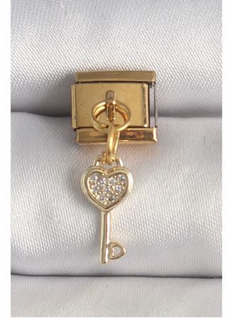 316L Çelik Gold Renk Sallantı Zirkon Taşlı Kalpli Anahtar Model Nomination Charm