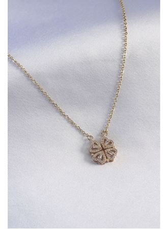 316L Çelik Gold Renk Açılır Zirkon Taşlı Yonca Model Kadın Kolye