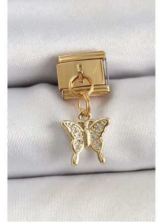 316L Çelik Sallantılı Zirkon Taşlı Kelebek Model Gold Renk Nomination Charm