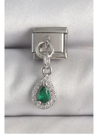 316L Çelik Gümüş Renk Sallantı Yeşil Zirkon Taşlı Damla Model Nomination Charm
