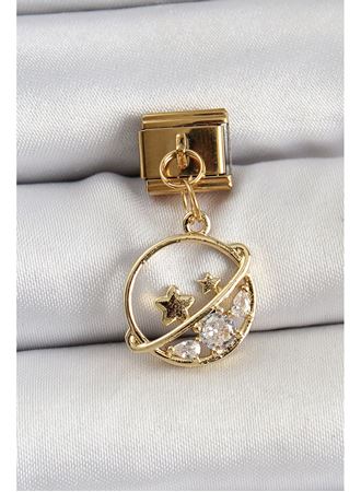 316L Çelik Sallantılı Zirkon Taşlı Satürn Model Gold Renk Nomination Charm