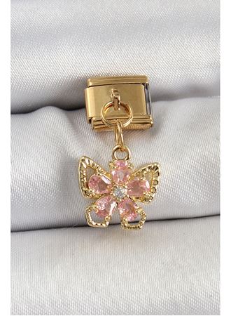 316L Çelik Sallantılı Zirkon Taşlı Çiçek Figürlü Kelebek Model Gold Renk Nomination Charm