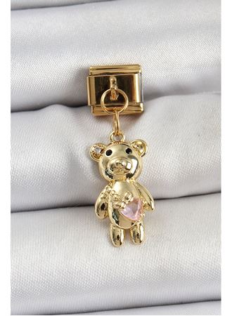 316L Çelik Sallantılı Zirkon Taşlı Ayıcık Model Gold Renk Nomination Charm