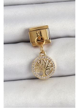 316L Çelik Sallantılı Zirkon Taşlı Hayat Ağacı Model Gold Renk Nomination Charm
