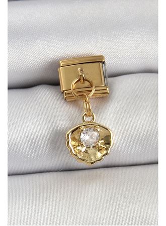 316L Çelik Sallantılı Zirkon Taşlı İstiridye Model Gold Renk Nomination Charm