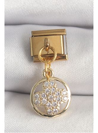 316L Çelik Gold Renk Sallantı Zirkon Taşlı Yonca Model Nomination Charm