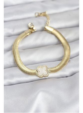 316L Çelik Gold Renk Beyaz Yonca Model Zirkon Taşlı Yılan Zincirli Kadın Bileklik