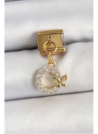 316L Çelik Sallantılı Zirkon Taşlı Kelebek Detaylı Halka Model Gold Renk Nomination Charm