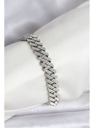 Gümüş Renk Pirinç Cuba Chain Gurmet Bileklik
