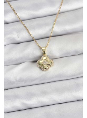 316L Çelik Zincir Gold Renk Zirkon Taşlı Yonca Model Kadın Kolye