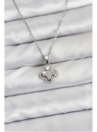316L Çelik Zincir Gümüş Renk Zirkon Taşlı Yonca Model Kadın Kolye
