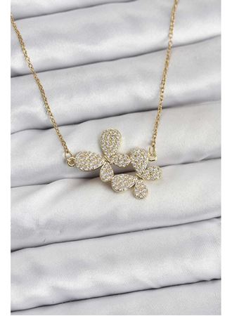 316L Çelik Zincir Gold Renk Zirkon Taşlı Kelebek Model Kadın Kolye